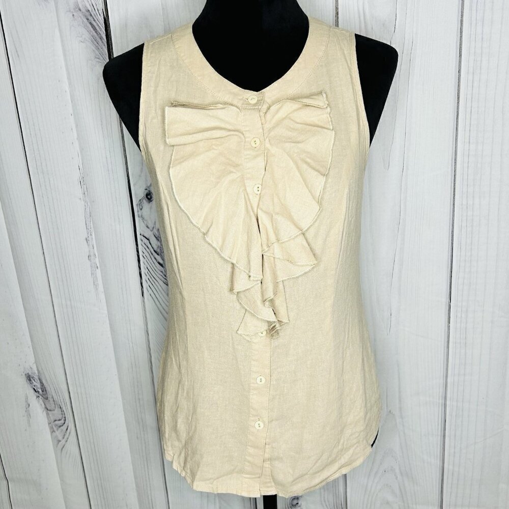Vintage Susan Bristol Linen Blend Tan Sleeveless Ruffle Front Blouse Sz S